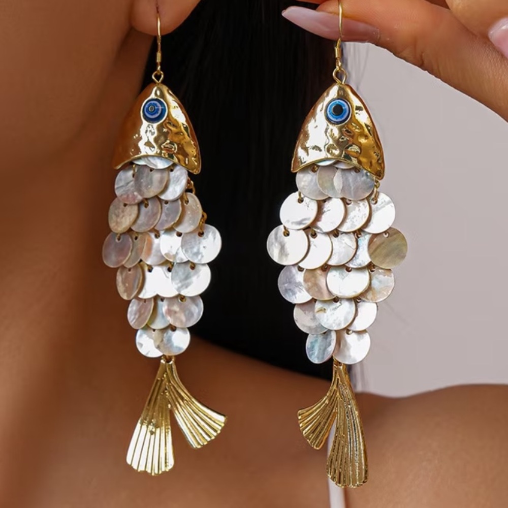 Gold and Mother-of-Pearl Fish Scale Drop Earrings - Unbranded